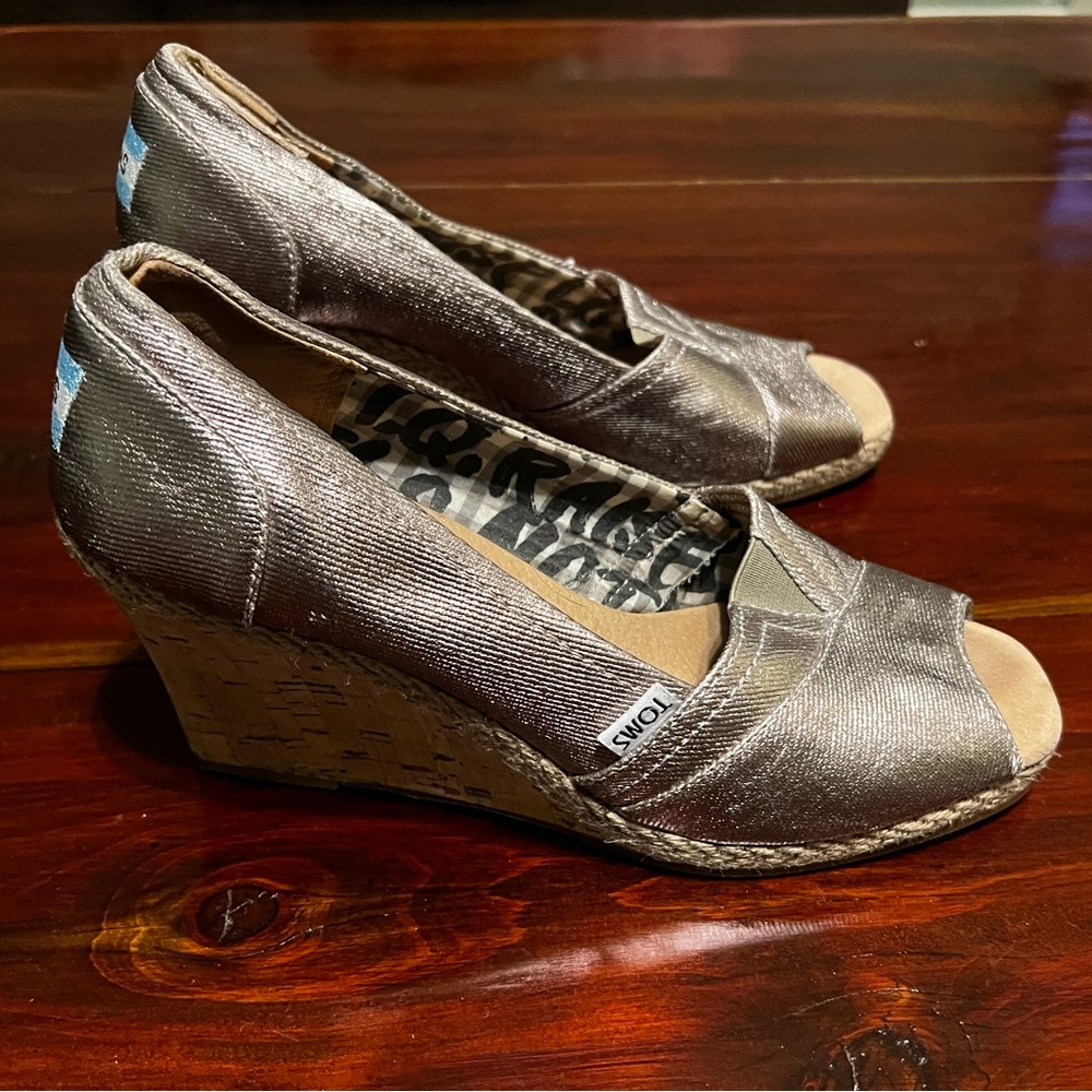 Toms Metallic Peep Toe Wedges